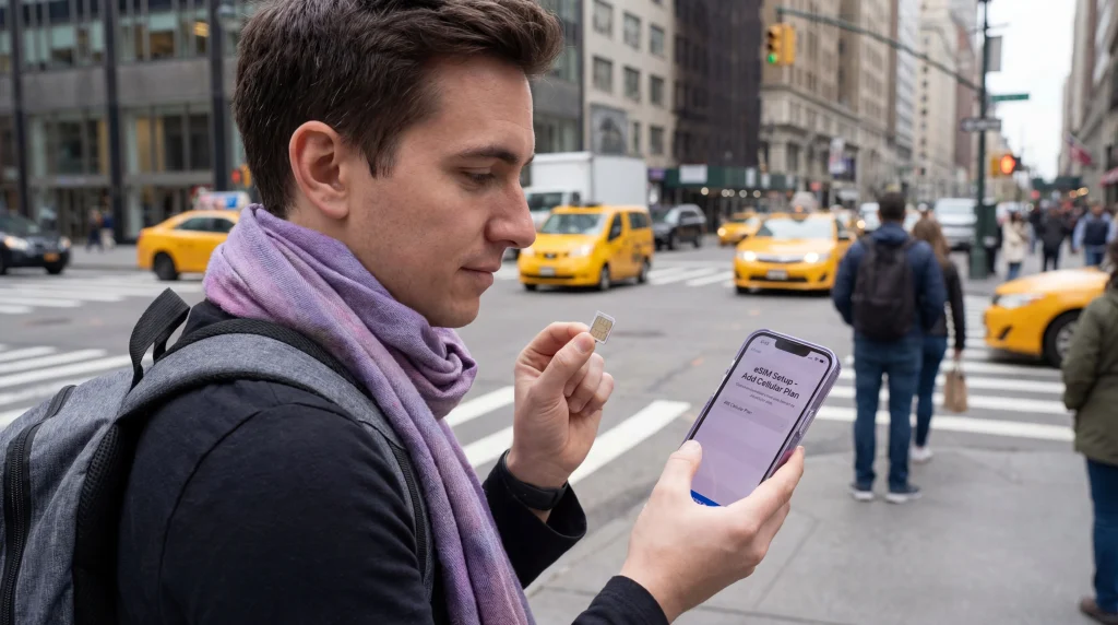 Tourist comparing local SIM card and eSIM on smartphone while traveling in the USA
