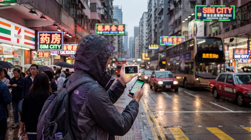 Tourist comparing pocket WiFi router and smartphone eSIM connection in Hong Kong city street.