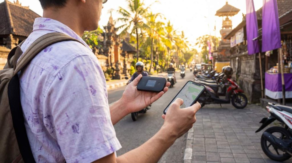 Tourist comparing pocket wifi router and smartphone for internet in Bali