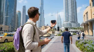 Tourist comparing pocket wifi router and smartphone for internet in Dubai