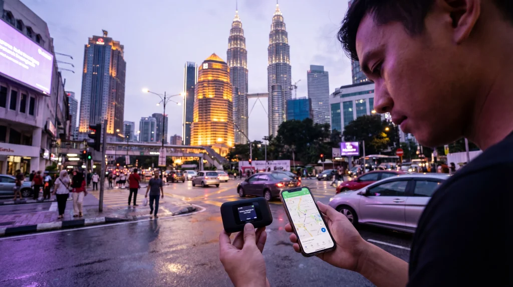 Tourist comparing pocket wifi router and smartphone for internet in Malaysia