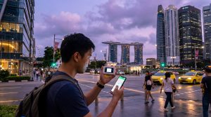 Tourist comparing pocket wifi router and smartphone for internet in Singapore