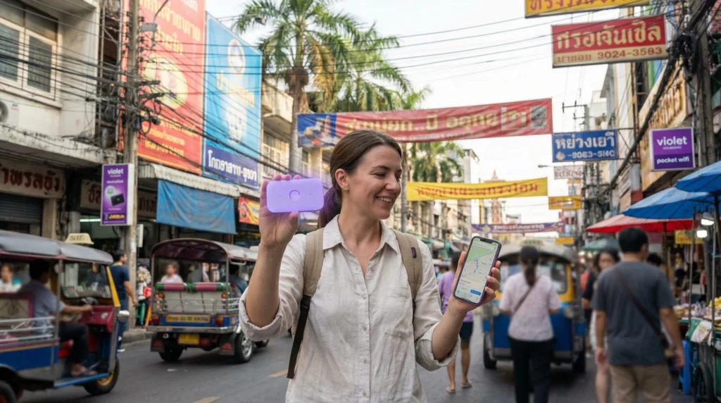 Tourist comparing pocket wifi router and smartphone for internet in Thailand