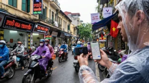 Tourist comparing pocket wifi router and smartphone for internet in Vietnam