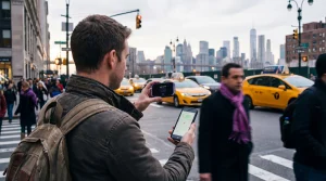 Tourist comparing pocket wifi router and smartphone for internet in the USA