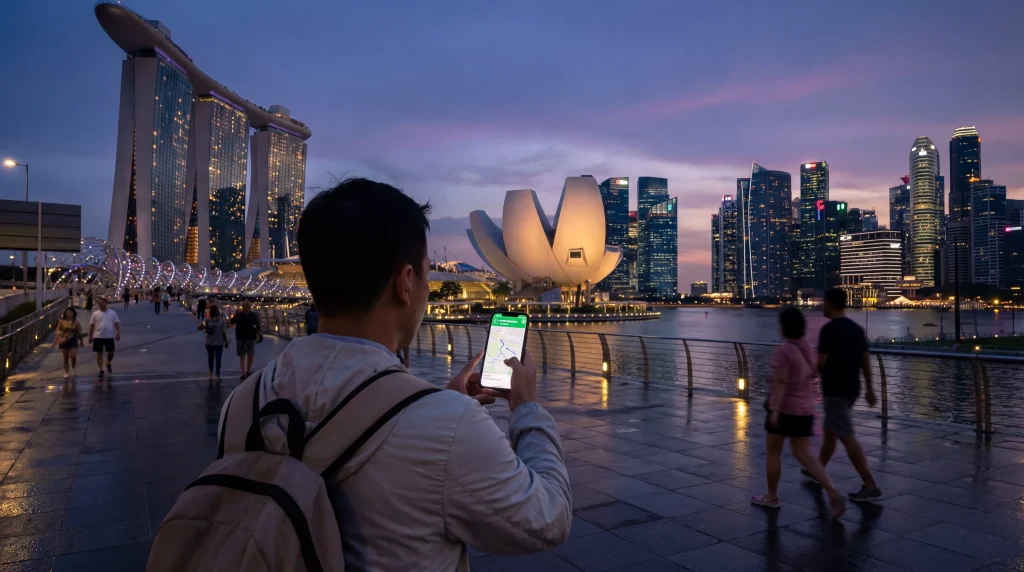 Tourist using smartphone with mobile internet at Marina Bay Singapore
