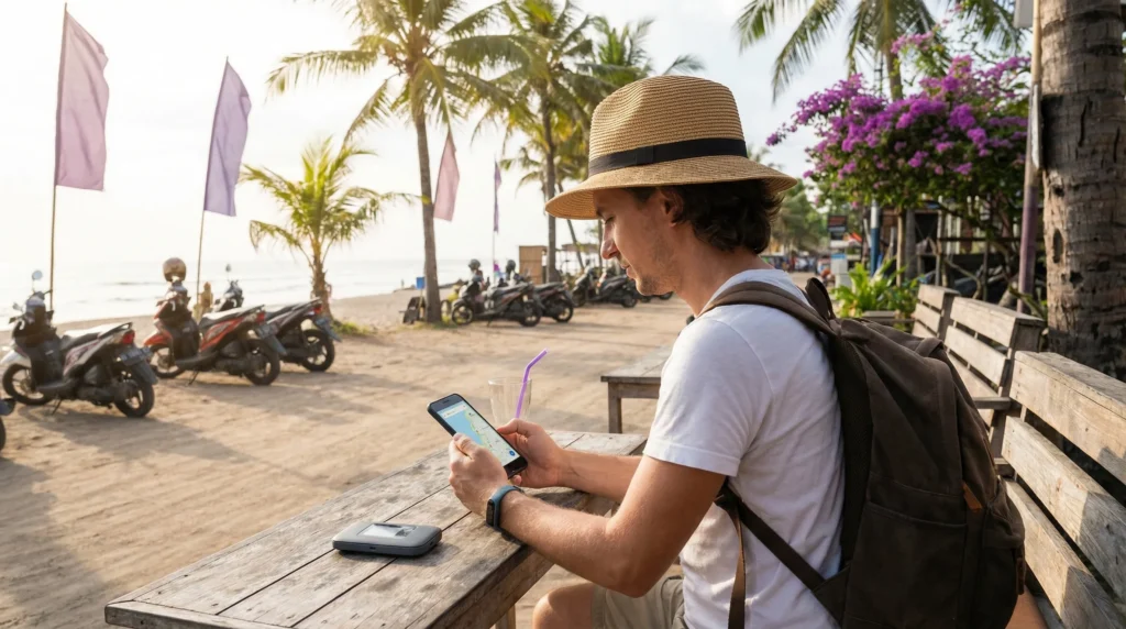 Tourist using smartphone with mobile internet in Bali Indonesia