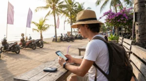 Tourist using smartphone with mobile internet in Bali Indonesia