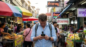 Tourist using smartphone with mobile internet in Bangkok Thailand