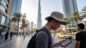 Tourist using smartphone with mobile internet in Dubai near Burj Khalifa