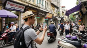 Tourist using smartphone with mobile internet in Hanoi Vietnam