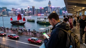 Tourist using smartphone with mobile internet in Hong Kong city skyline