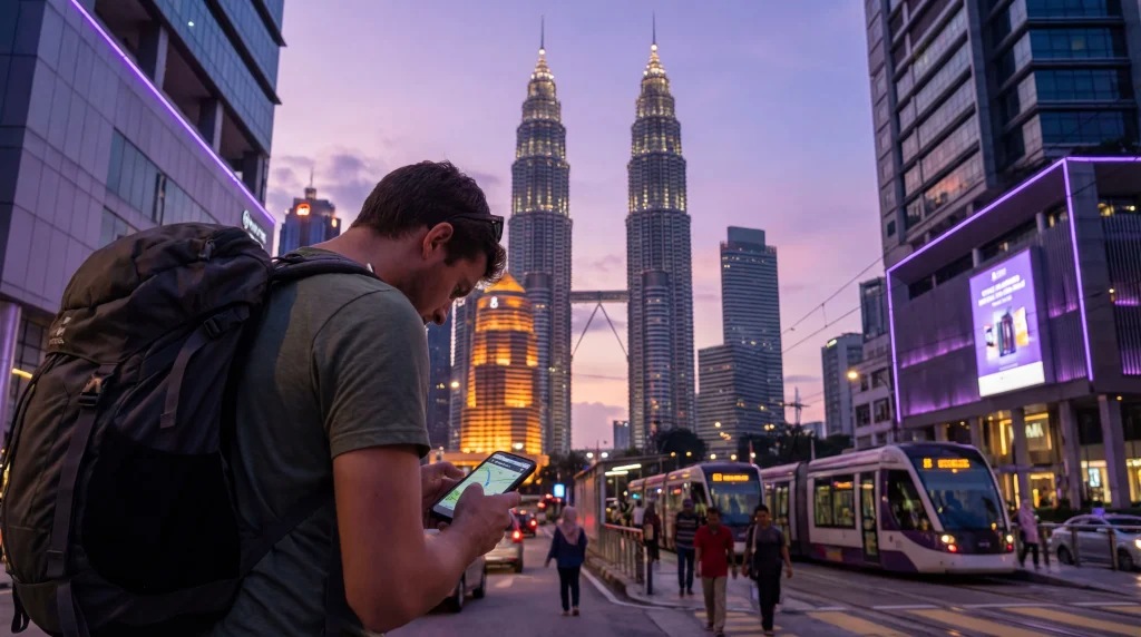 Tourist using smartphone with mobile internet in Kuala Lumpur Malaysia