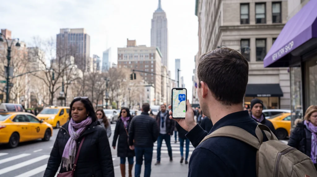 Tourist using smartphone with mobile internet in New York City USA