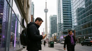 Tourist using smartphone with mobile internet in Toronto Canada with CN Tower skyline