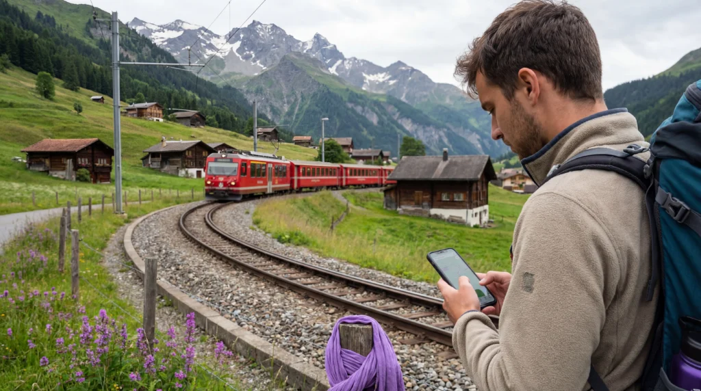 Tourist using smartphone with mobile internet in the Swiss Alps mountains while traveling in Switzerland