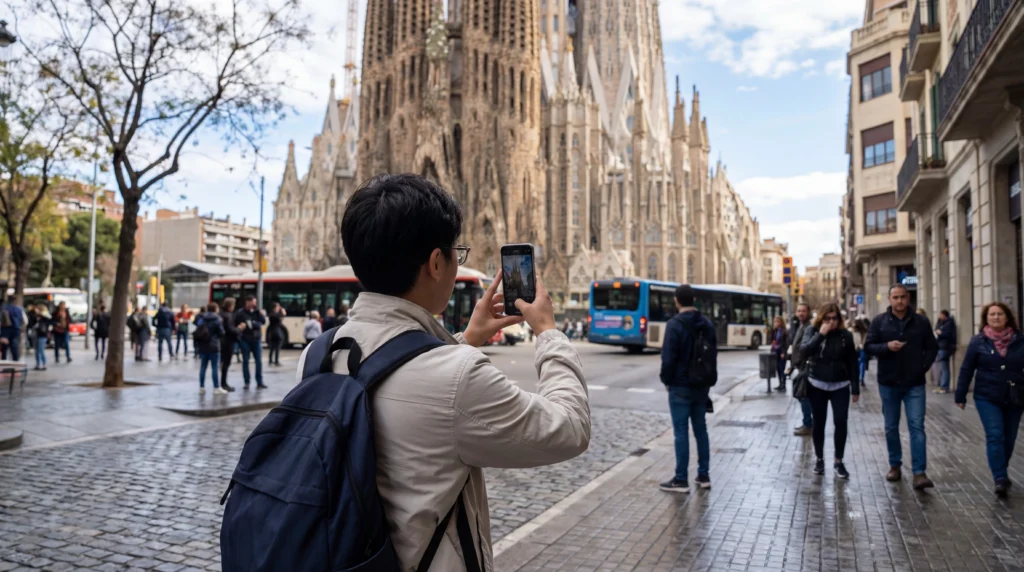 Tourist using smartphone with mobile internet near Sagrada Familia in Barcelona Spain