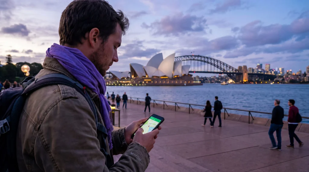 Tourist using smartphone with mobile internet near Sydney Opera House in Australia.