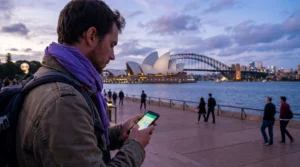 Tourist using smartphone with mobile internet near Sydney Opera House in Australia.