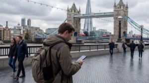 Tourist using smartphone with mobile internet near Tower Bridge in London United Kingdom