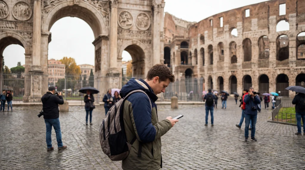 Tourist using smartphone with mobile internet near the Colosseum in Rome Italy
