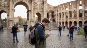 Tourist using smartphone with mobile internet near the Colosseum in Rome Italy
