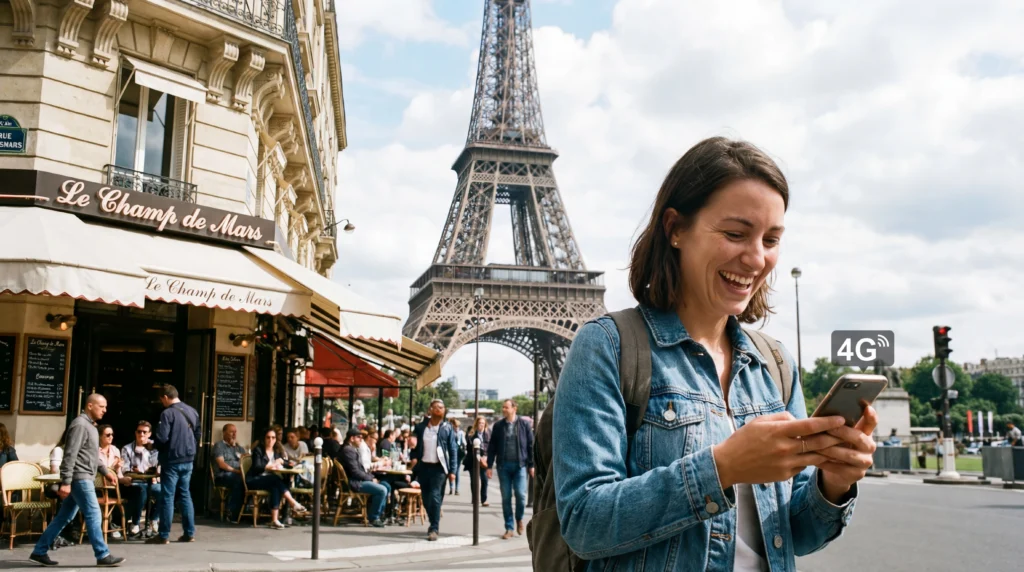 Tourist using smartphone with mobile internet near the Eiffel Tower in Paris