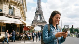 Tourist using smartphone with mobile internet near the Eiffel Tower in Paris