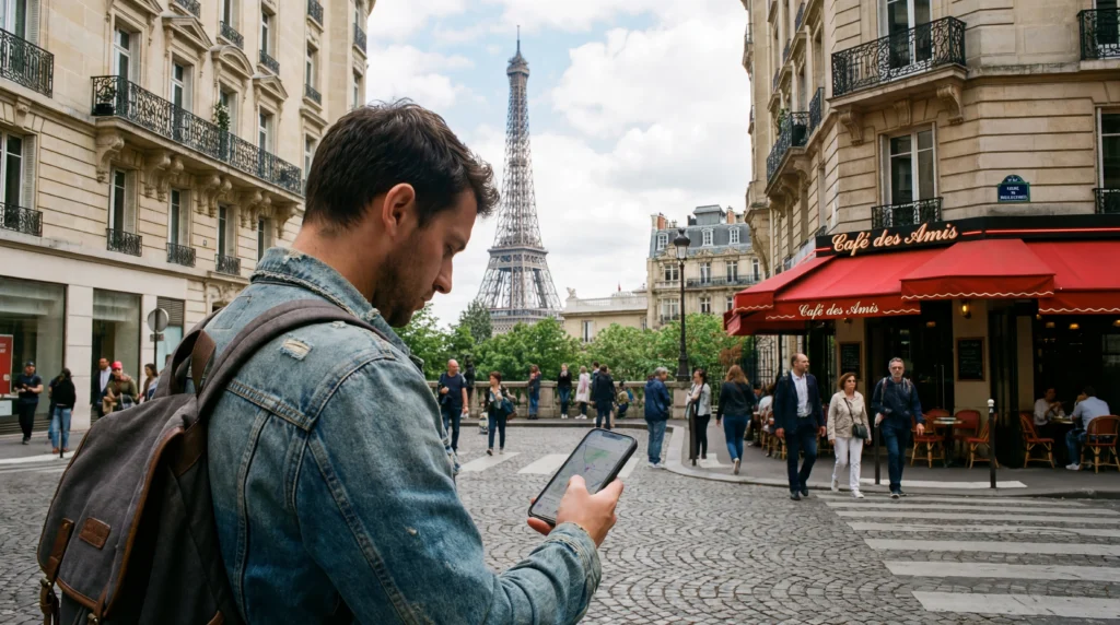 Tourist using smartphone with mobile internet near the Eiffel Tower in Paris France