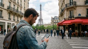 Tourist using smartphone with mobile internet near the Eiffel Tower in Paris France