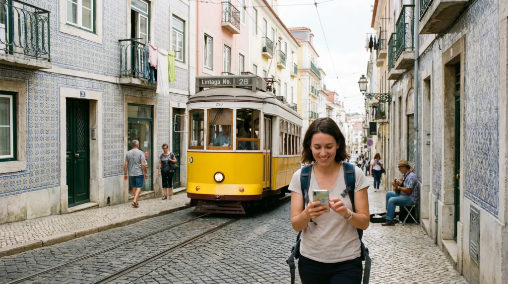 Tourist using smartphone with mobile internet on historic street in Lisbon Portugal