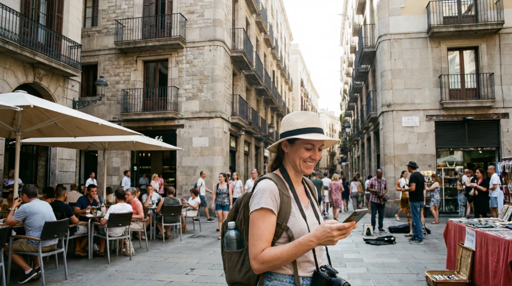 Tourist using smartphone with mobile internet while walking in Barcelona Spain
