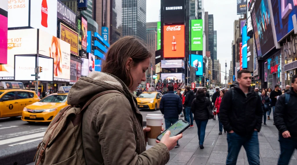 Tourist using smartphone with mobile internet while walking in Times Square New York