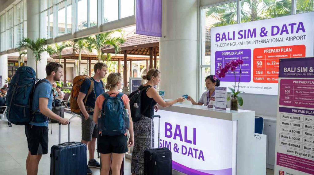 Tourists buying prepaid SIM cards at Bali Ngurah Rai International Airport