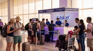 Tourists buying prepaid SIM cards at Cancun International Airport arrivals hall