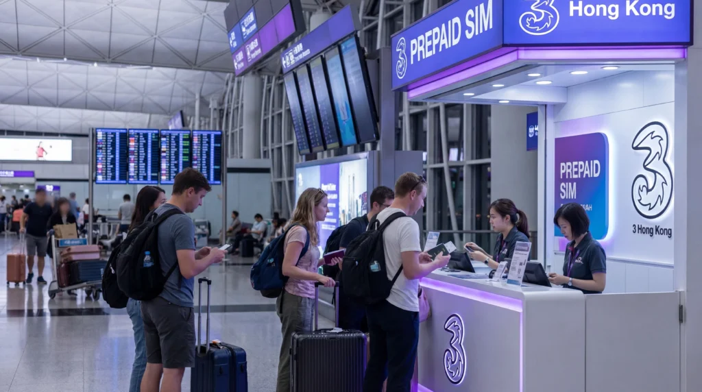 Tourists buying prepaid SIM cards at Hong Kong International Airport arrivals hall