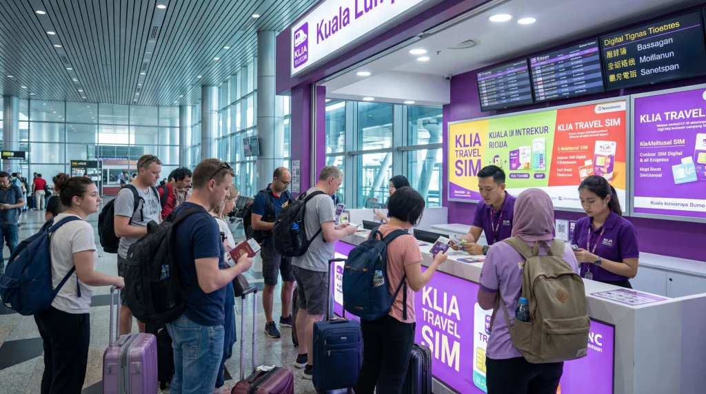 Tourists buying prepaid SIM cards at Kuala Lumpur International Airport arrivals hall
