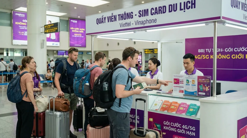 Tourists buying prepaid SIM cards at Noi Bai International Airport Hanoi