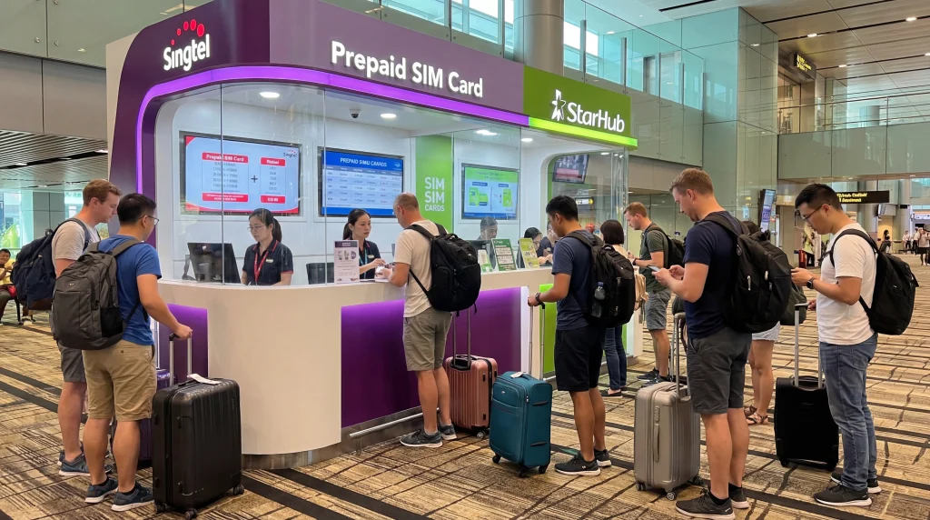 Tourists buying prepaid SIM cards at Singapore Changi Airport arrivals hall