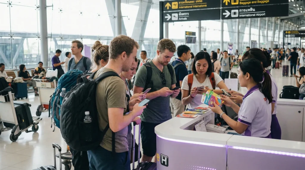 Tourists buying prepaid SIM cards at Suvarnabhumi Airport Bangkok