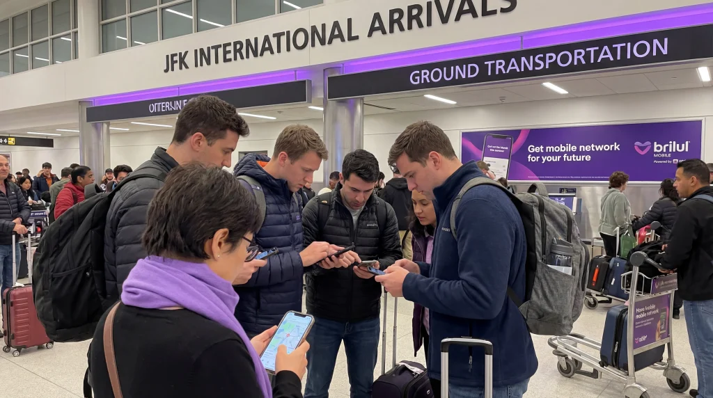 Tourists using smartphones with mobile internet at JFK Airport New York arrivals hall