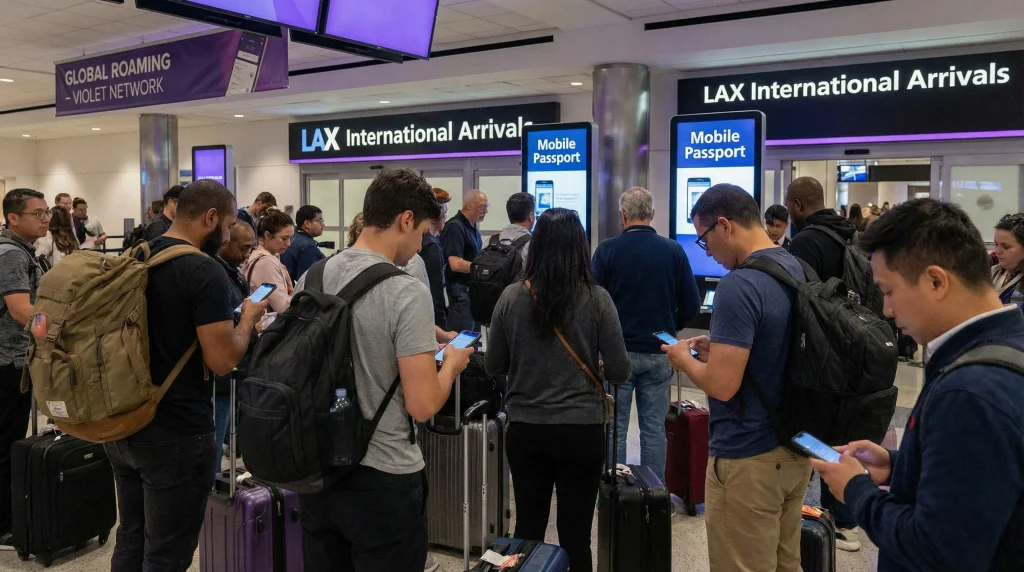 Tourists using smartphones with mobile internet at Los Angeles International Airport arrivals hall