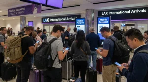 Tourists using smartphones with mobile internet at Los Angeles International Airport arrivals hall