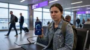 Traveler checking slow eSIM internet speed on smartphone while abroad