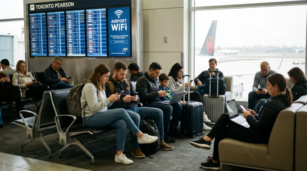 Travelers using free WiFi with smartphones and laptops inside Toronto Pearson Airport terminal in Canada
