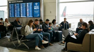 Travelers using free WiFi with smartphones and laptops inside Toronto Pearson Airport terminal in Canada