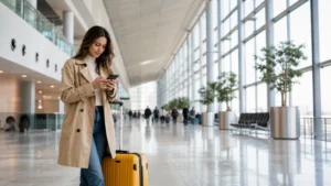 Traveller using a smartphone in a modern European airport arrivals hall.