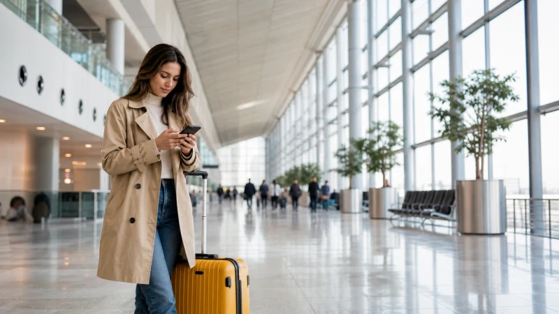 Traveller using a smartphone in a modern European airport arrivals hall.