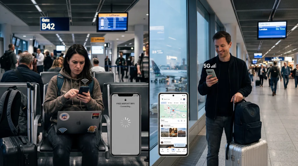 comparison between airport wifi and esim usage at european airport terminal