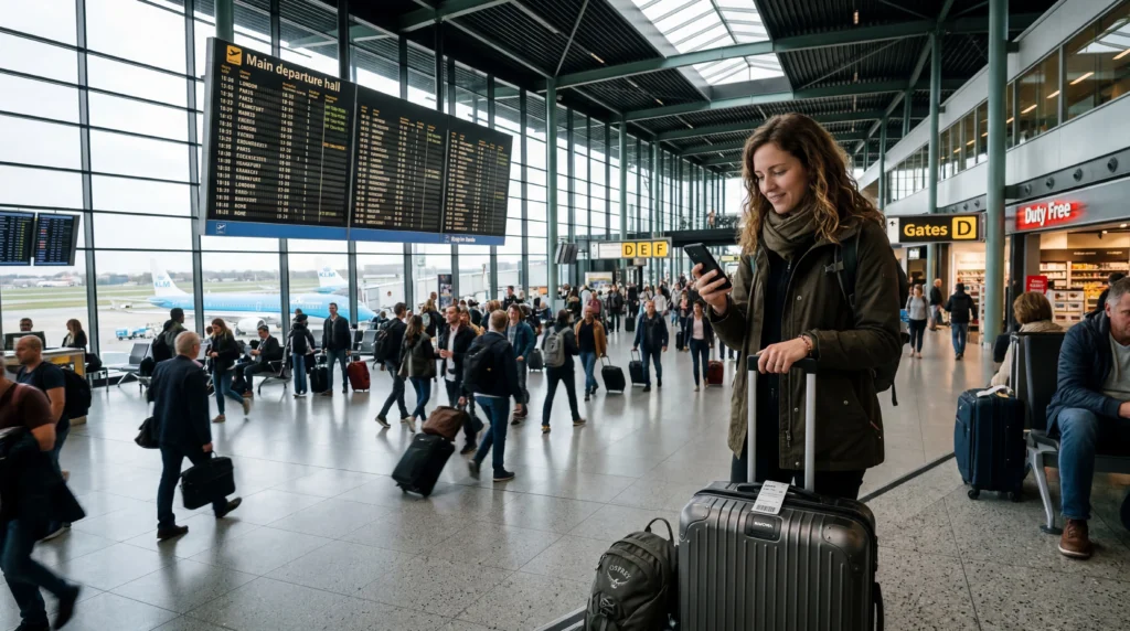 traveler using esim mobile internet immediately after landing at european airport